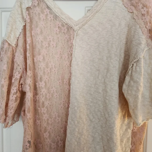 Pol Floral Lace Top Tee Cotton Size Large Pink & Cream Feminine Romantic - Picture 3 of 10